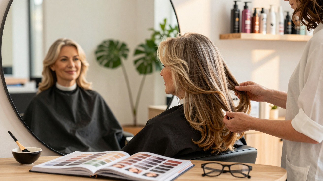 Woman with long blonde hair sitting in a salon chair while hairstylist examines her hair in front of a mirror.