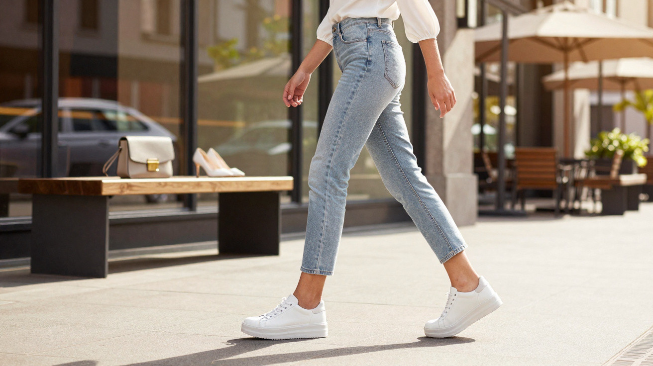 Person wearing light blue jeans and white sneakers walking on a paved street near a bench and shop window.
