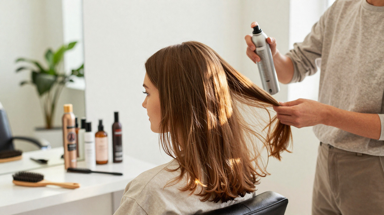 Hairdresser sprays product on a seated woman’s brown hair in a bright salon.