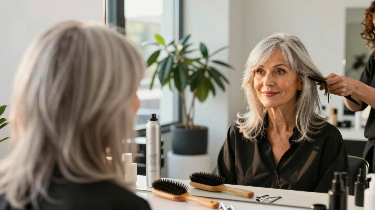 Older woman with grey hair having her hair styled in a salon, looking at her reflection in the mirror.
