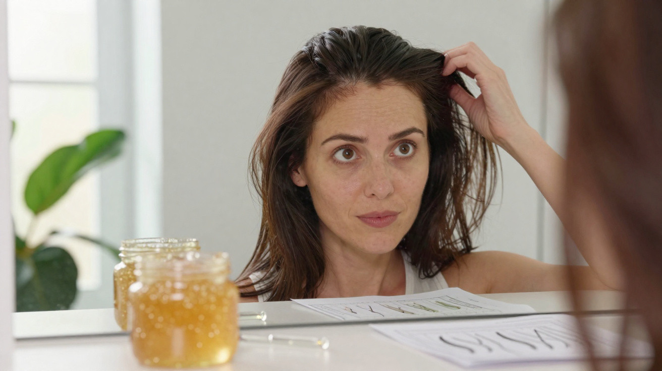 Woman examining her hair in front of a bathroom mirror with jars and hair care products on the counter