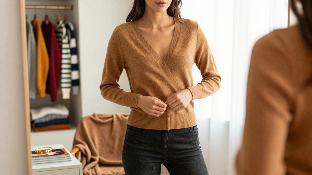 Woman wearing a brown cardigan and black jeans adjusting in front of a mirror in a cosy room.