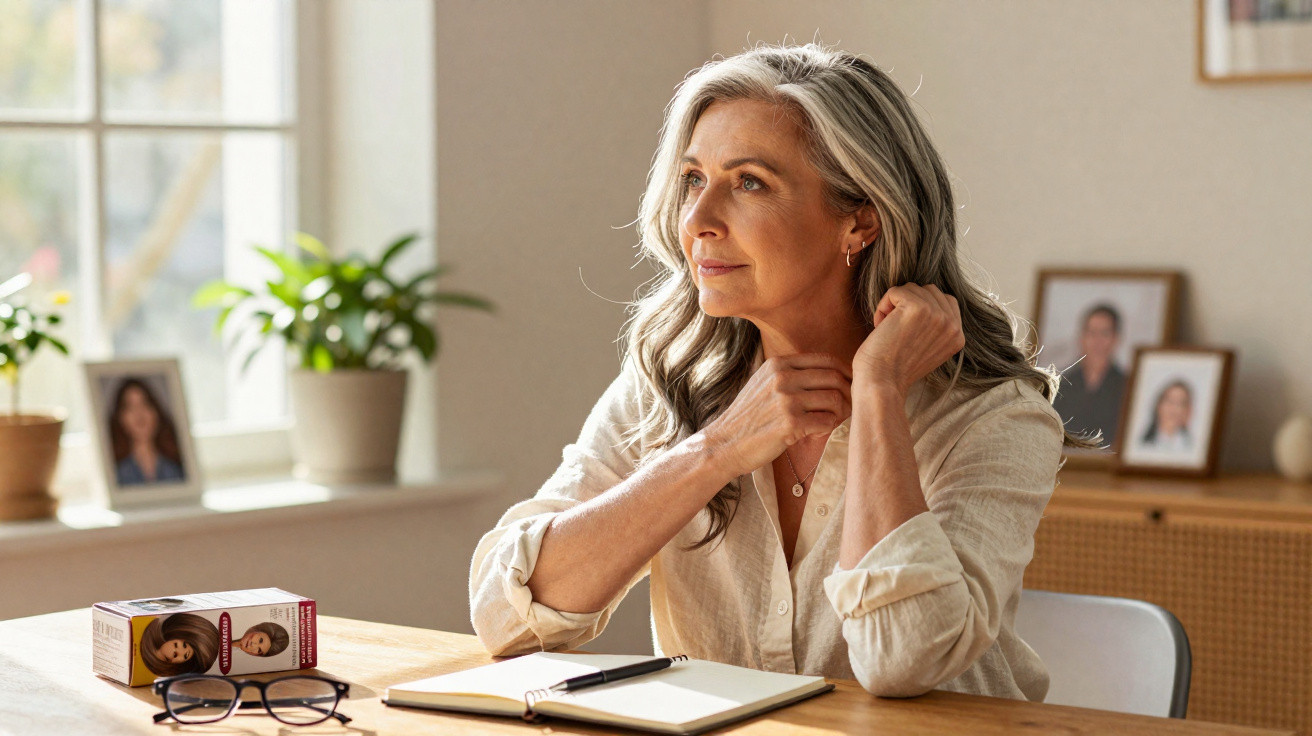 Mature woman with grey hair sitting at a table, adjusting her necklace, with notebook, glasses, and hair dye box nearby.