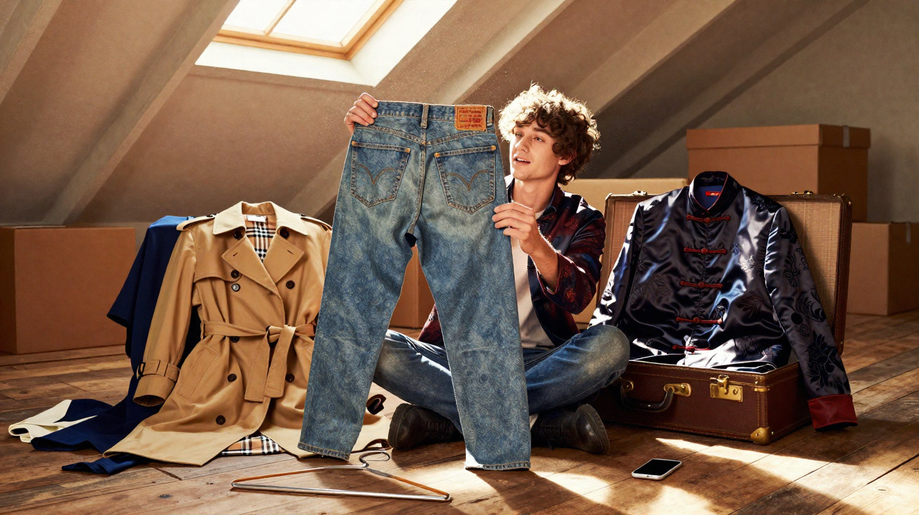 Young man sitting on wooden floor in attic holding up a pair of blue jeans surrounded by clothing and boxes.