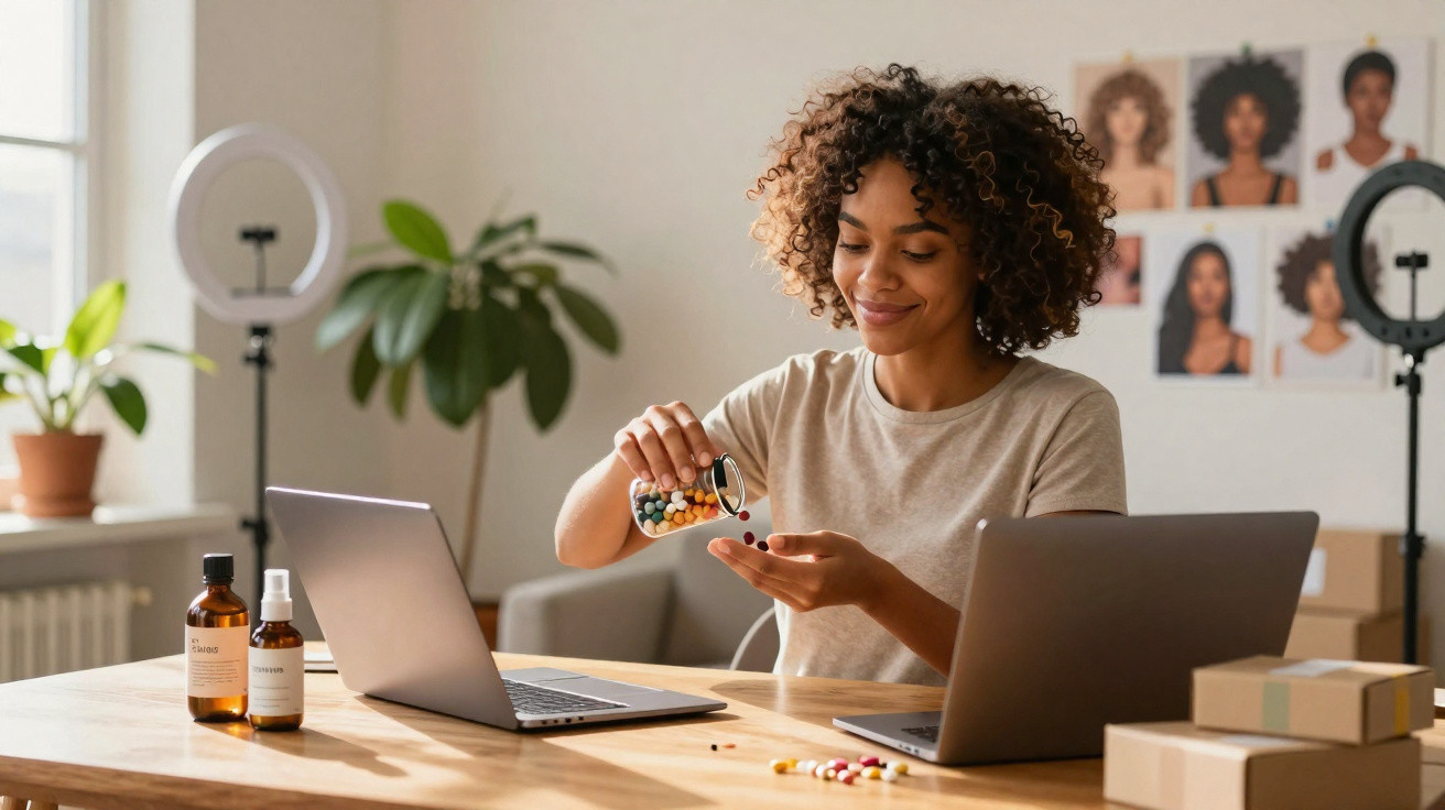 Woman sitting at a desk with two laptops pouring colourful pills into her hand in a bright room.