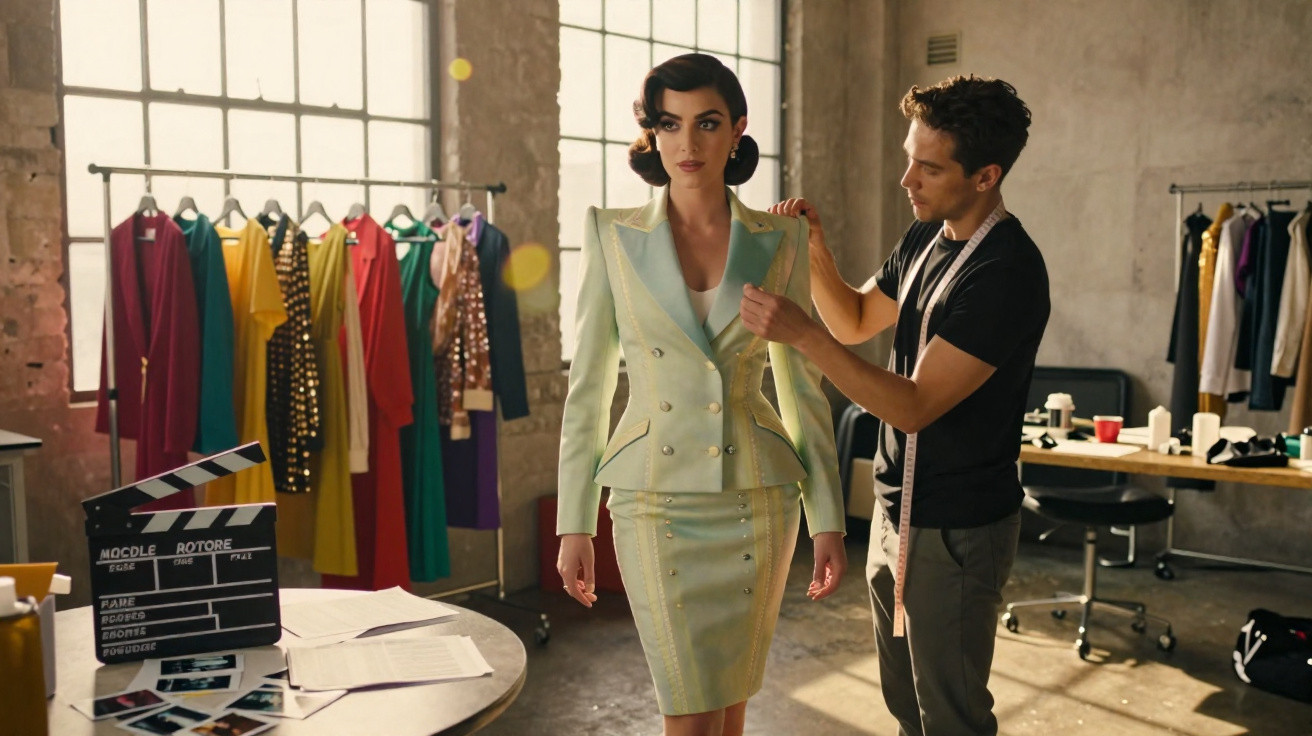 A fashion designer adjusts a model's green suit jacket in a studio with clothes and film equipment.