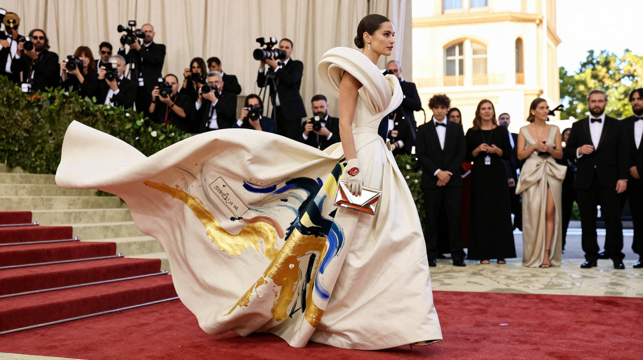 Woman in flowing white gown with abstract gold and blue patterns walking on red carpet at formal event