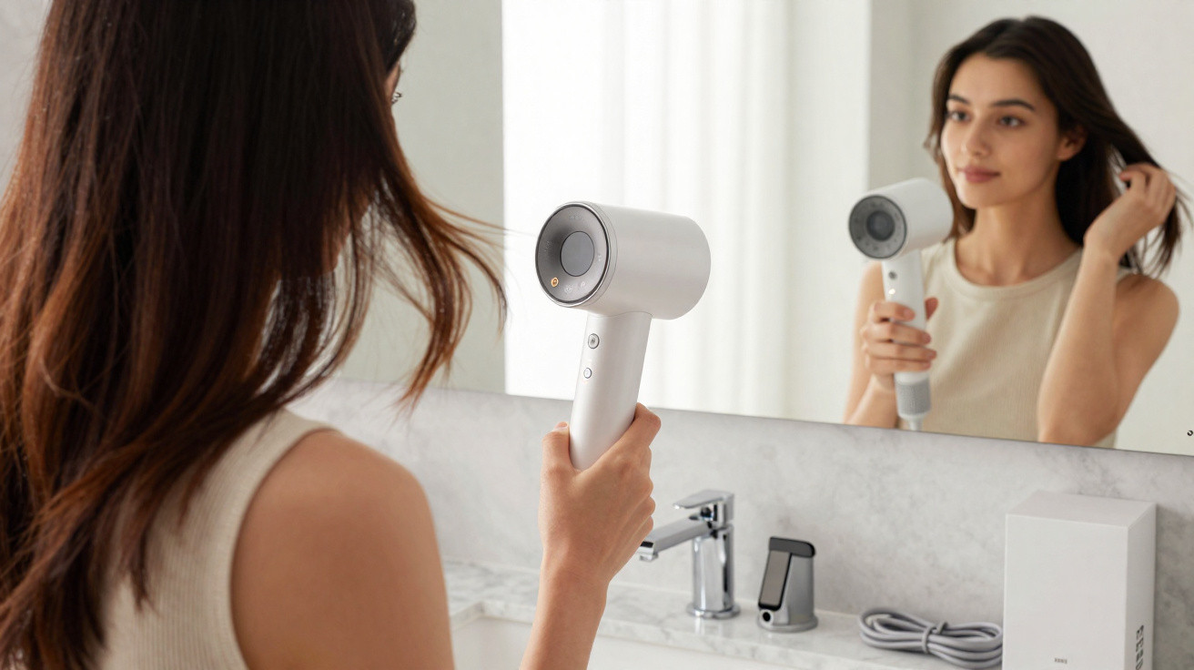 Woman drying her hair with a white hairdryer in front of a bathroom mirror.