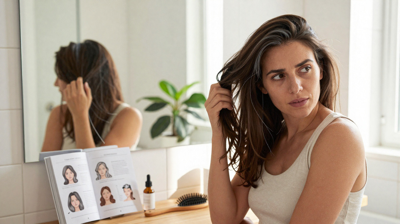 Woman sitting at a table looking to the side while touching her hair, with a hair care guide and brush nearby.