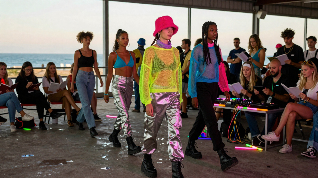 Models walk down an outdoor runway wearing vibrant, futuristic fashion with shiny fabrics and neon colours.