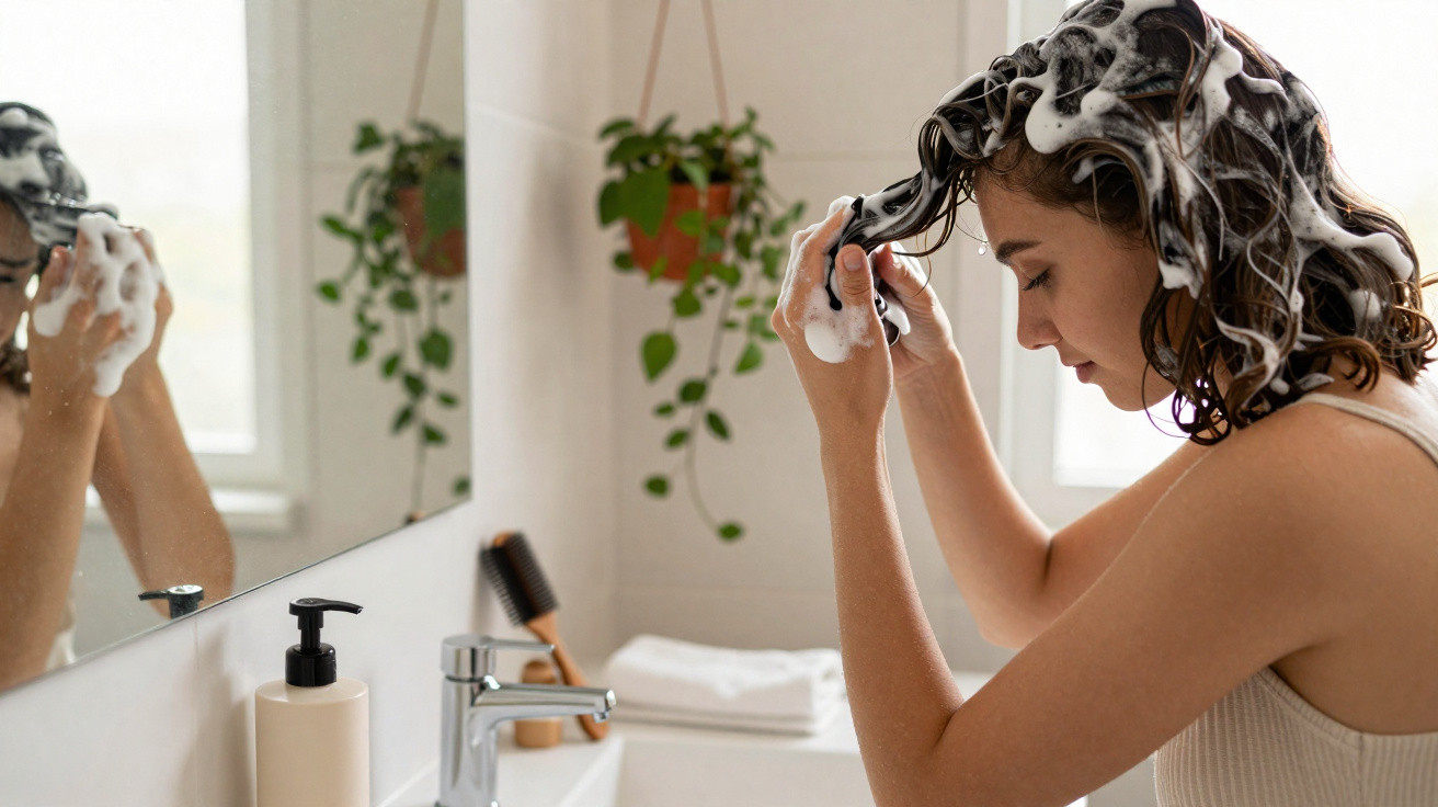Woman washing her hair with shampoo in a bright bathroom with hanging plants and a mirror.