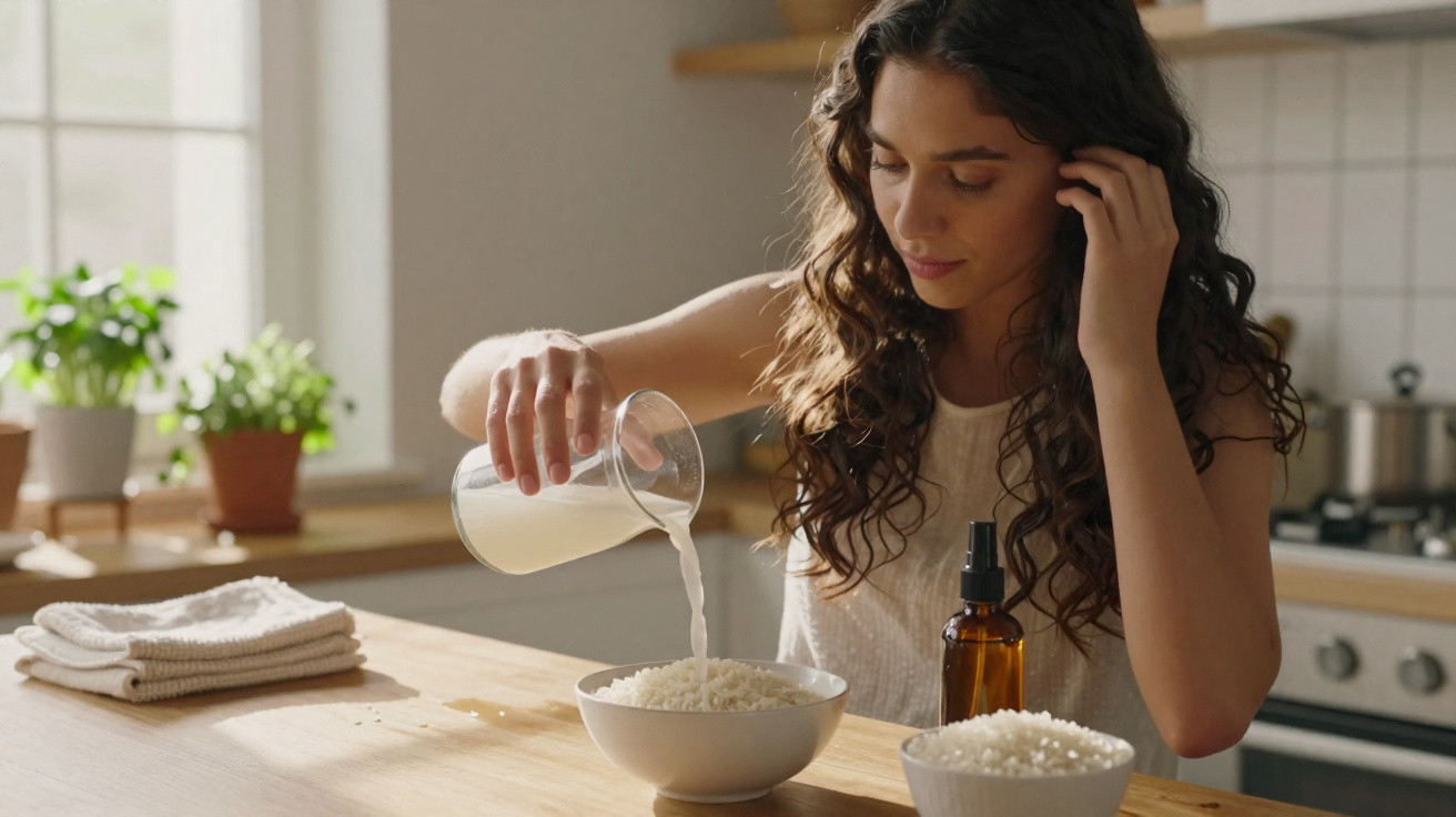 Young woman pouring liquid from a glass onto a bowl of rice on a kitchen table with natural light.