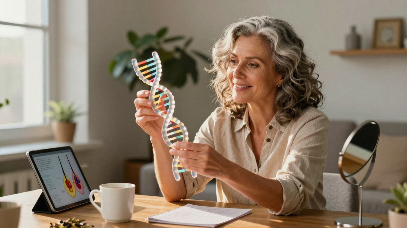 Smiling mature woman examining a colourful DNA model at a wooden desk with a tablet and notebook in natural light.