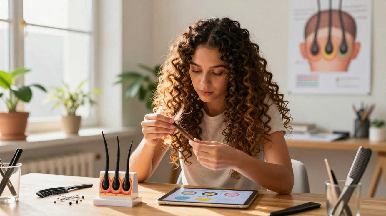 Woman studying a hair follicle model and tablet in a bright clinic or classroom setting.