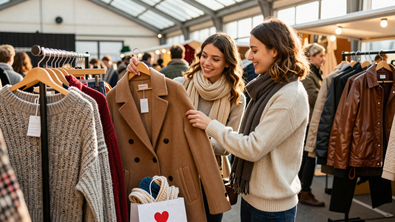 Two women browsing coats on a rack at an indoor clothing market, smiling and holding a camel coat.