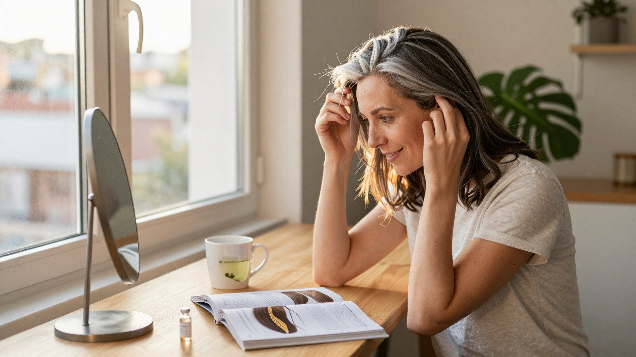 Woman with grey hair sitting at a wooden table reading a book and looking into a round mirror by a window.