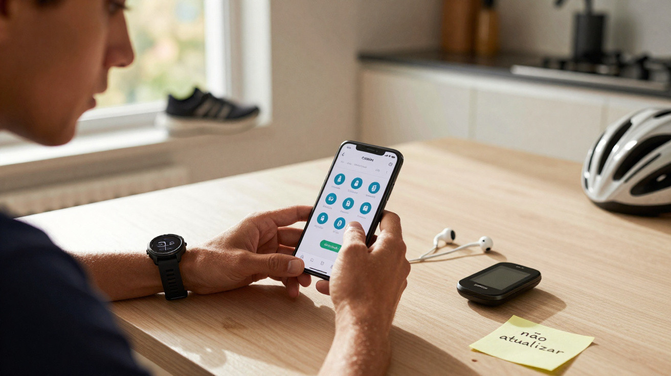 Person using a smartphone app at a wooden table with a smartwatch, earphones, cycling computer, note, and bike helmet nearby.