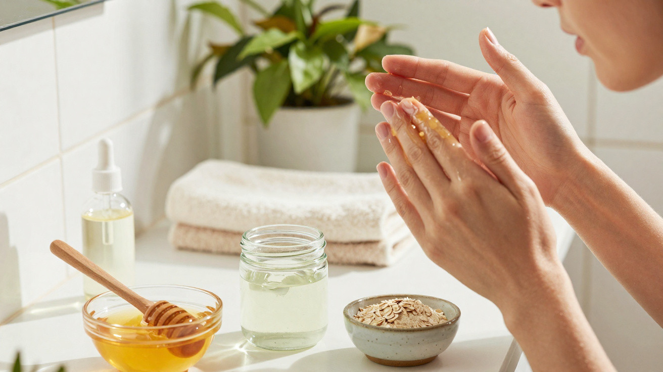 Person applying an oat and honey facial scrub in a bright bathroom with skincare items on the counter.