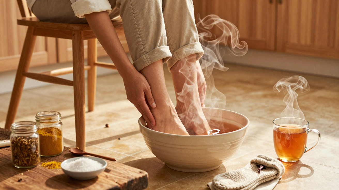Person soaking feet in steaming water bowl on kitchen floor with jars of turmeric, salt, and a cup of tea nearby.