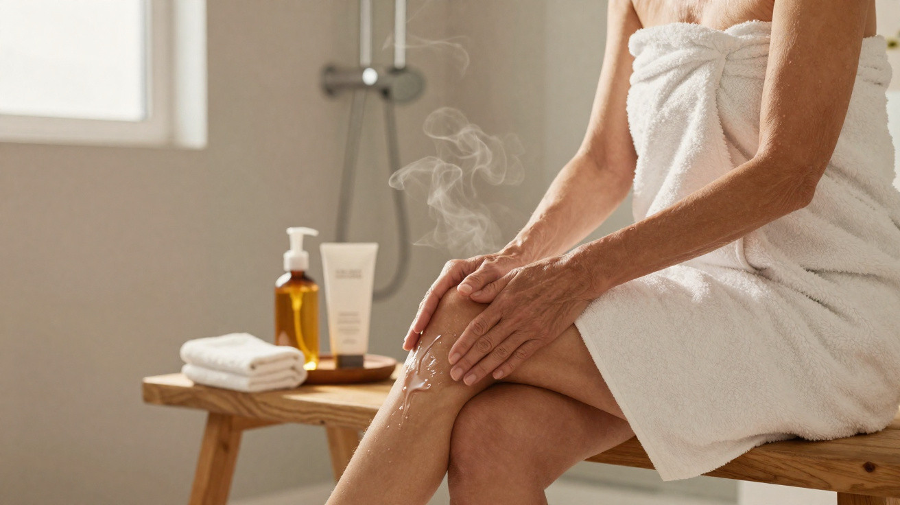 Person in a white towel applying lotion to steamy leg while sitting on a wooden bench in bathroom