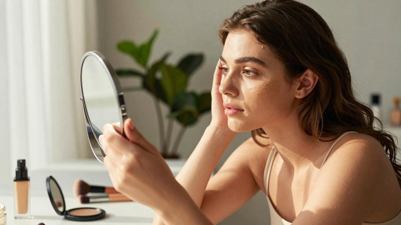 Young woman applying foundation makeup while looking into a handheld mirror at a bright vanity table.