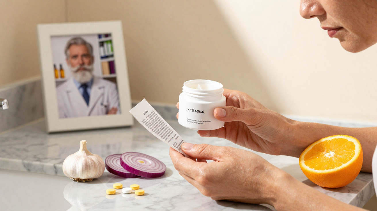 Person reading instructions on anti-ageing cream jar near garlic, onion, tablets, and half an orange on marble surface.
