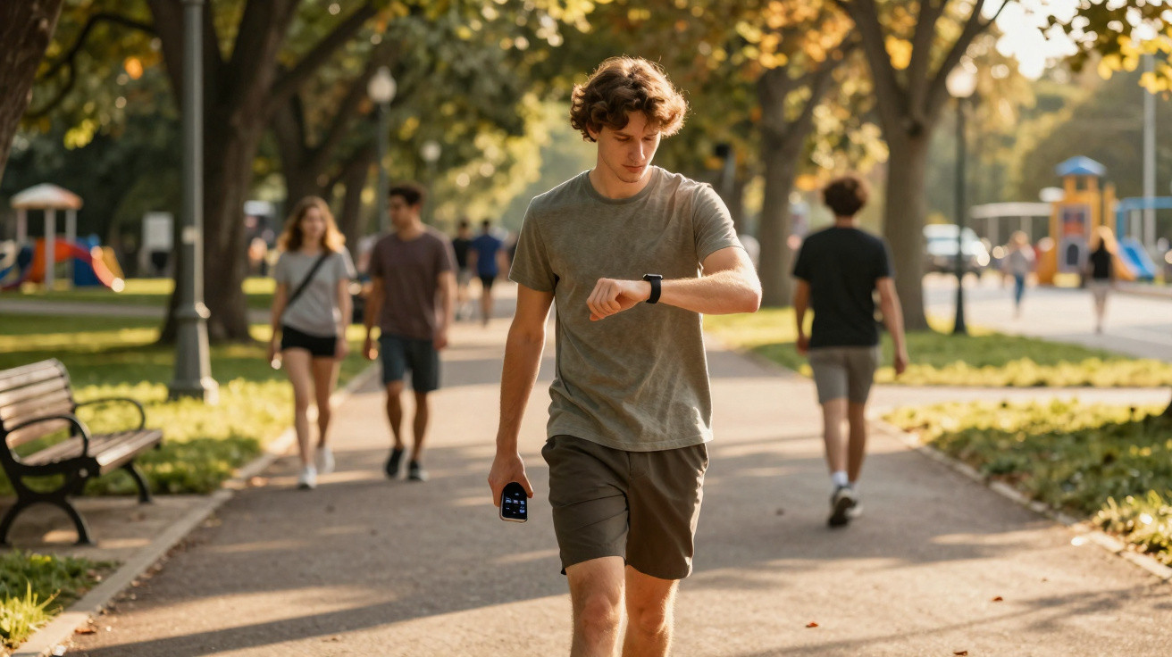 Young man in shorts checking smartwatch while walking in sunny park with other people in the background.
