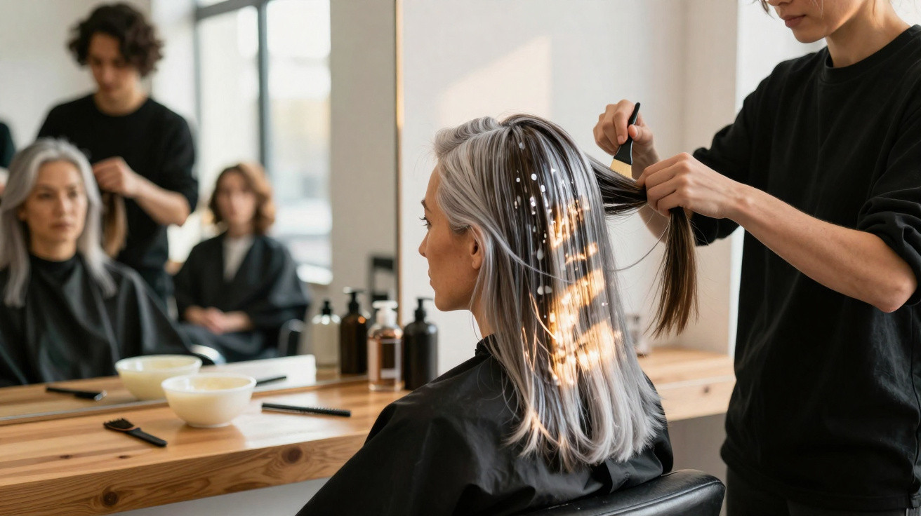 Woman with silver hair having her hair styled by a hairdresser in a modern salon with mirrors and bottles.