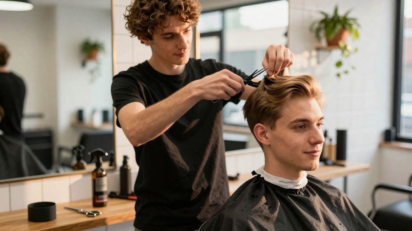 Barber cutting a young man's hair in a modern salon with natural light and plants.