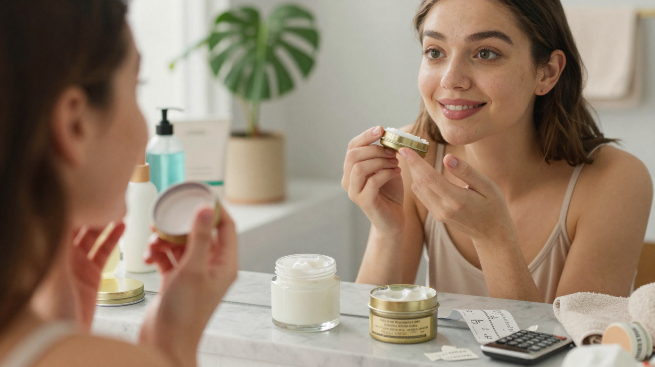 Woman smiling while applying face cream in front of a bathroom mirror with skincare products on the counter.