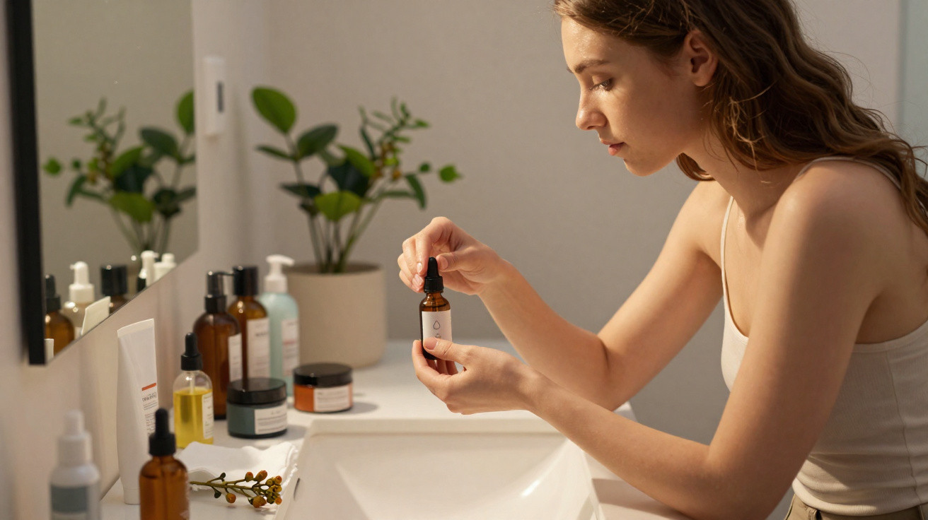 Woman holding a skincare dropper bottle over a bathroom sink surrounded by various skincare products and plants.
