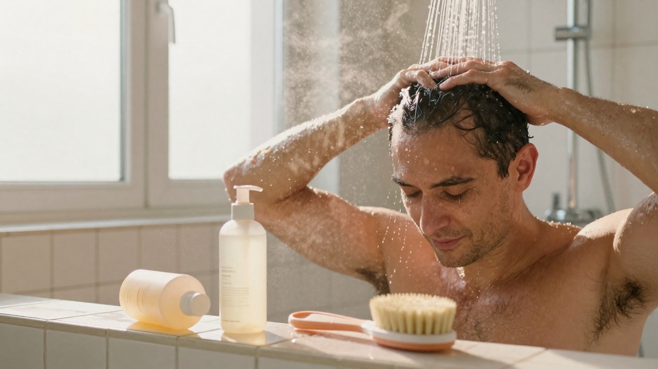 Man washing hair under running shower with bath products on ledge in bright bathroom