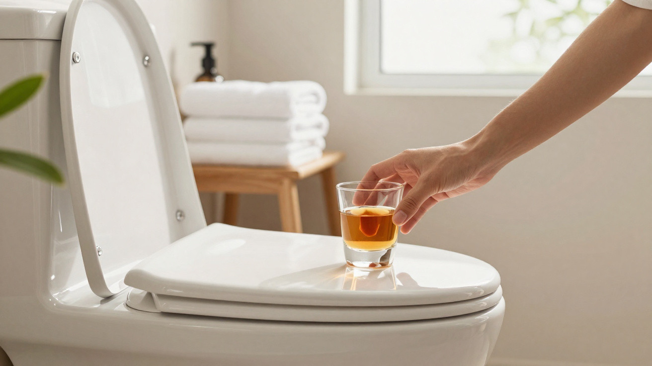 Hand placing a glass of amber liquid on a closed toilet seat in a bright bathroom.