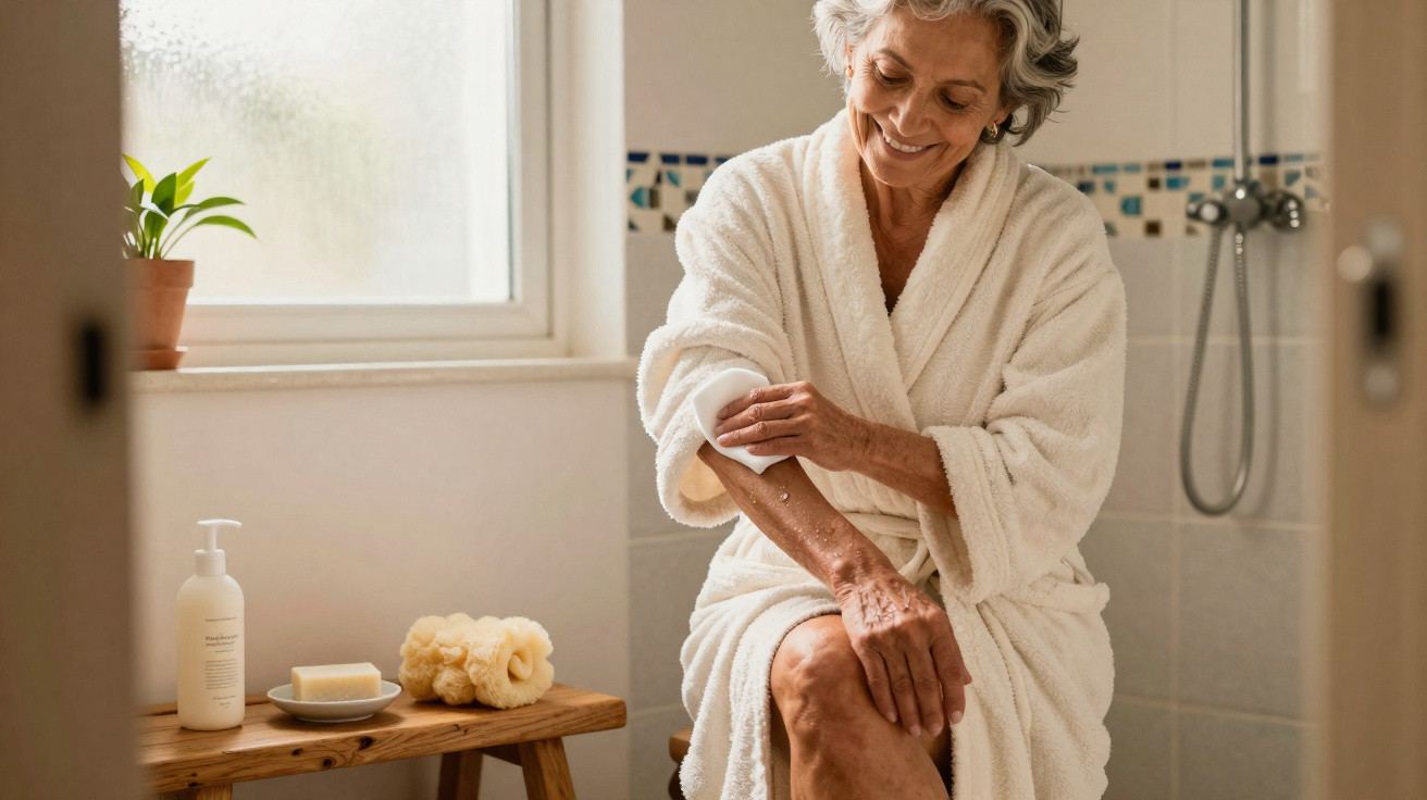 Older woman in a white bathrobe applying lotion on her arm while sitting in a sunlit bathroom.