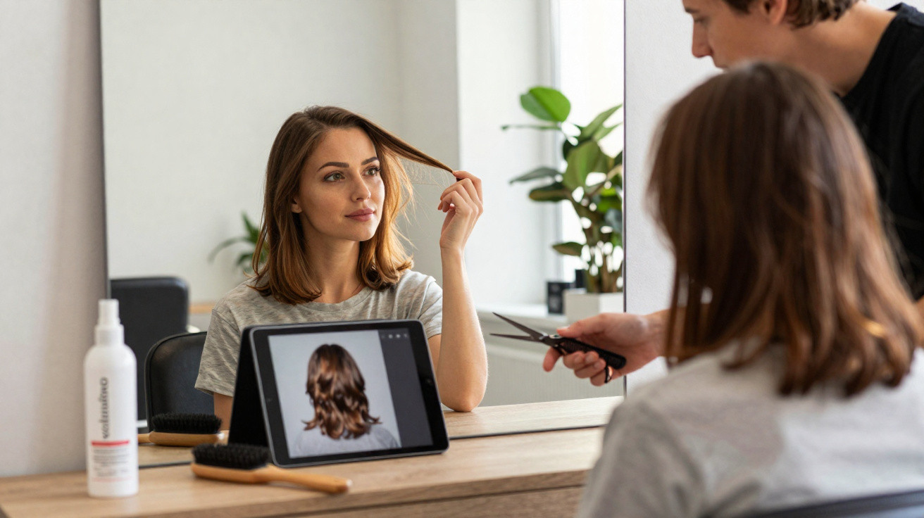 Woman looking at her reflection while hairstylist holds scissors, with tablet showing hairstyle photo on table.
