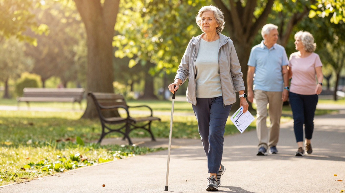 Elderly woman walking with a cane in a sunny park while a couple walks in the background.