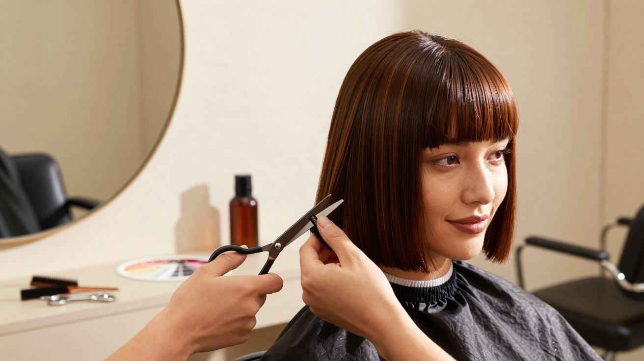 Woman receiving a straight bob haircut at a hair salon with a hairstylist using scissors close to her hair.