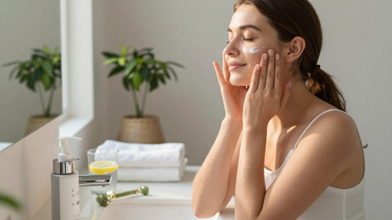 Young woman applying cream to her face in a bright bathroom with plants in the background