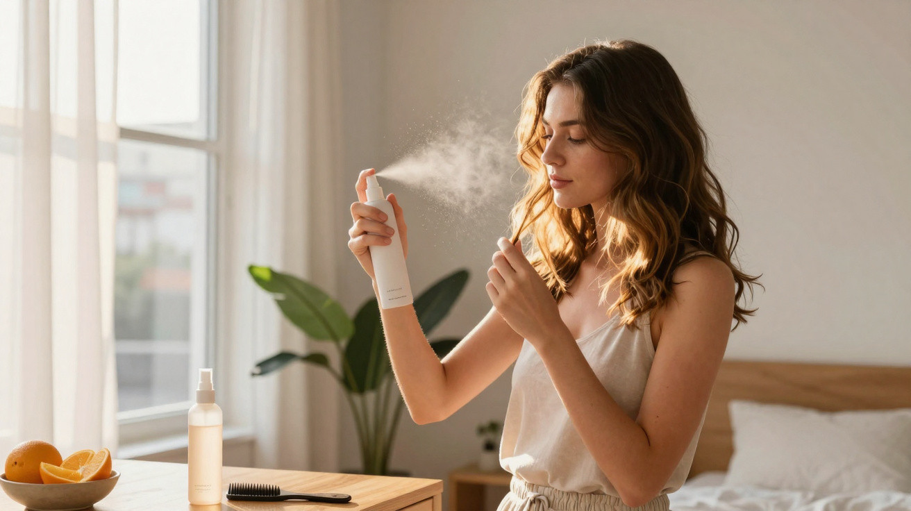 Young woman spraying facial mist in a sunlit bedroom with plants and fruit on table.