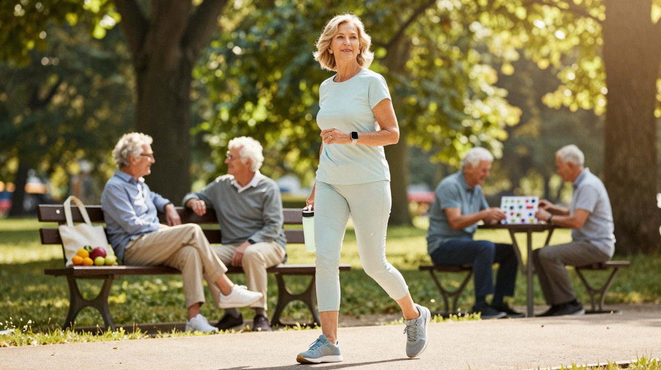 Active mature woman walking with water bottle in park, elderly men socialising and playing games in background.