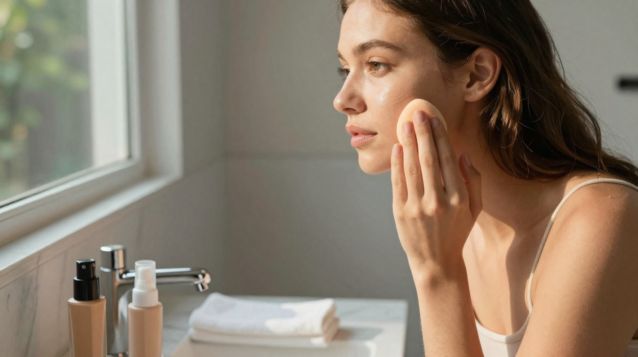Woman applying foundation with a makeup sponge in a bright bathroom next to skincare products and a sink.