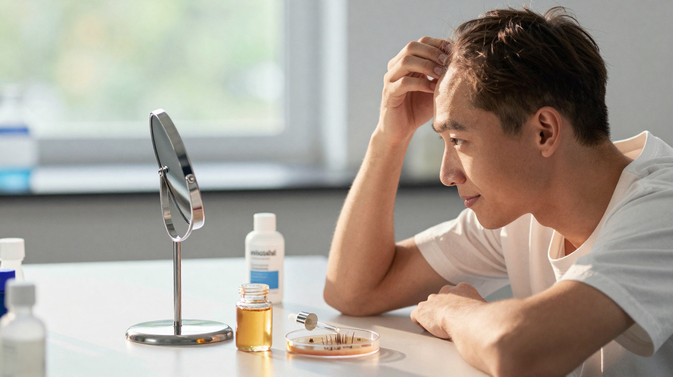 Young man examining hair strands in a petri dish with hair oil and treatment products on a table.