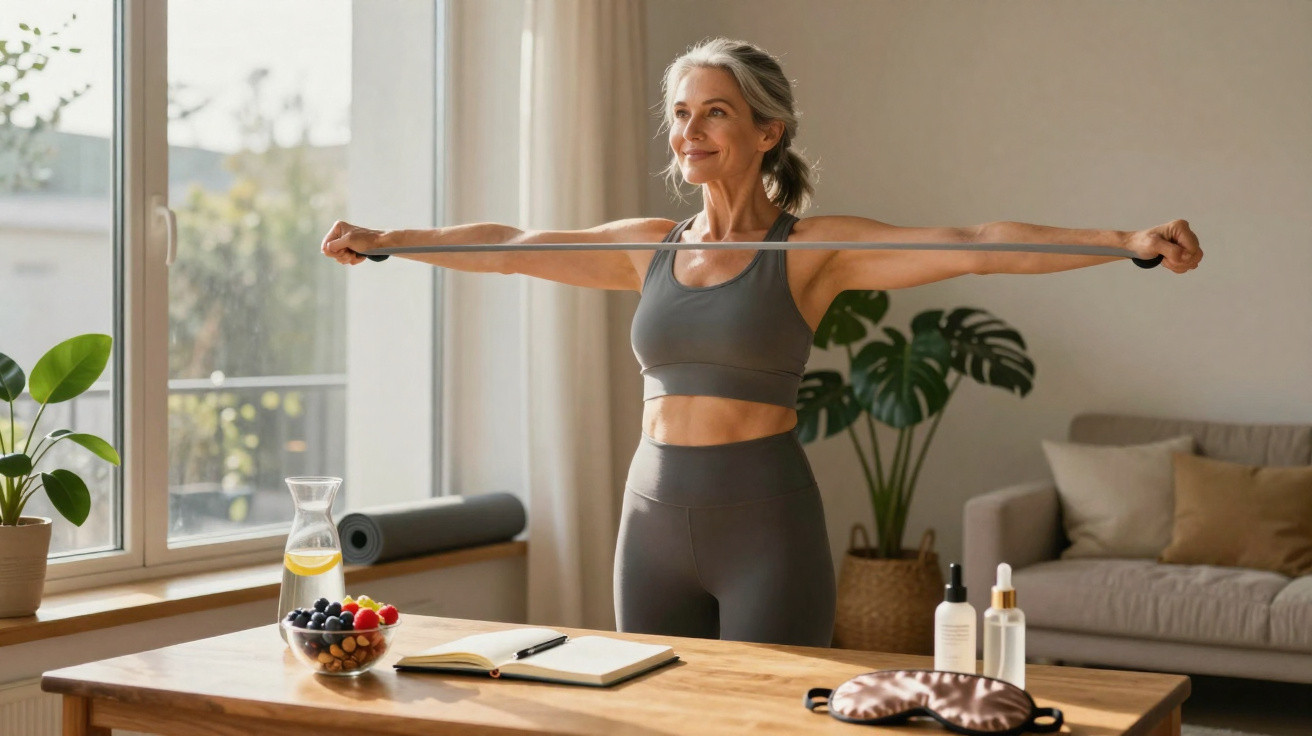 Middle-aged woman in sportswear doing resistance band exercise in a sunlit living room.