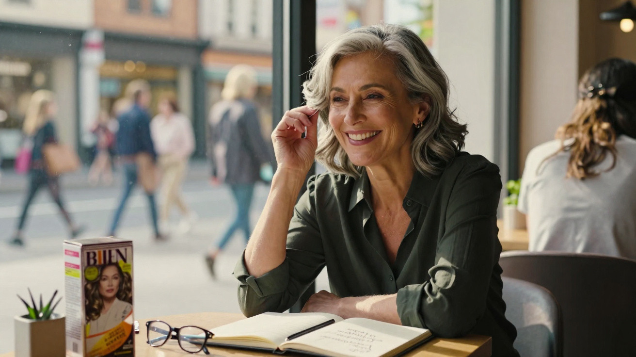 Smiling mature woman sitting at a café table with an open notebook and glasses, looking outside.