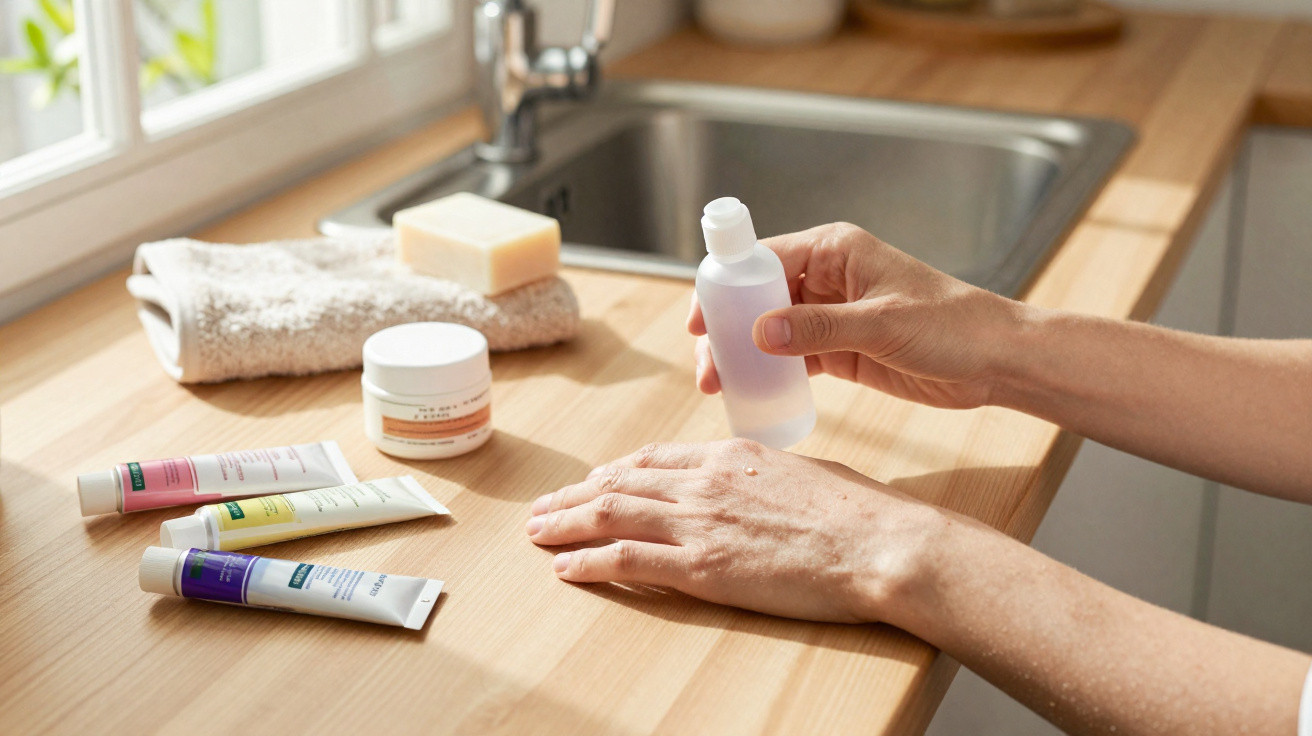 Hands applying liquid skincare product on a wooden countertop with various skincare creams and soap nearby.