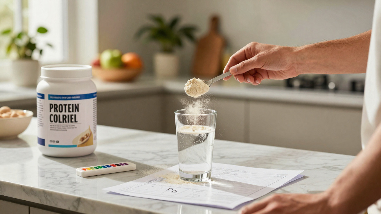 Person adding protein powder from a scoop into a glass of water on a kitchen countertop.