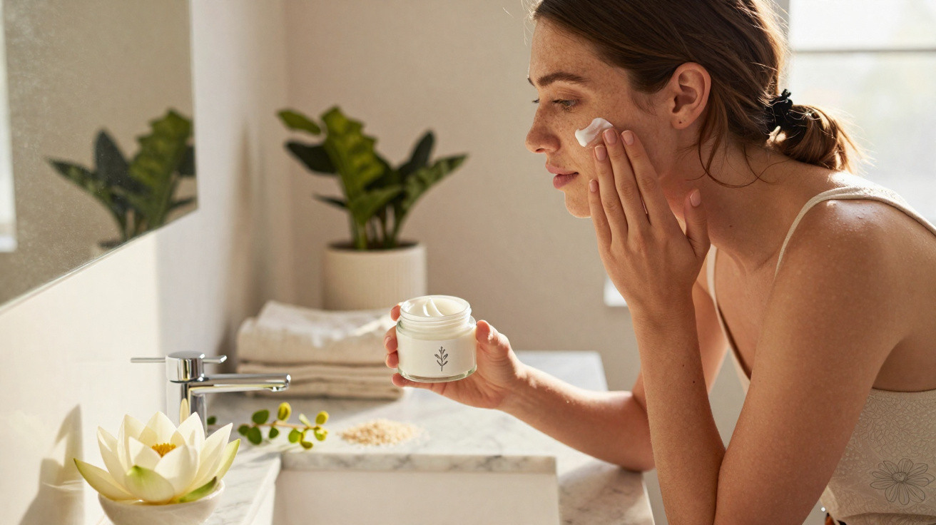 Woman applying face cream in a bright bathroom with a plant and lotus flower on the sink.