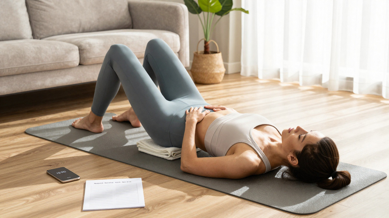 Woman lying on a yoga mat with knees bent doing a relaxation exercise in a bright living room.