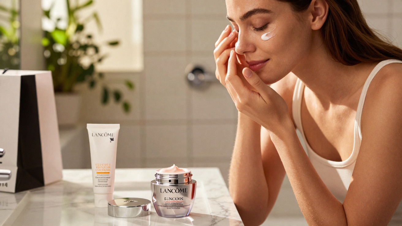 Woman in white vest applying Lancome cream on her cheek in a bright bathroom with skincare products on the counter.