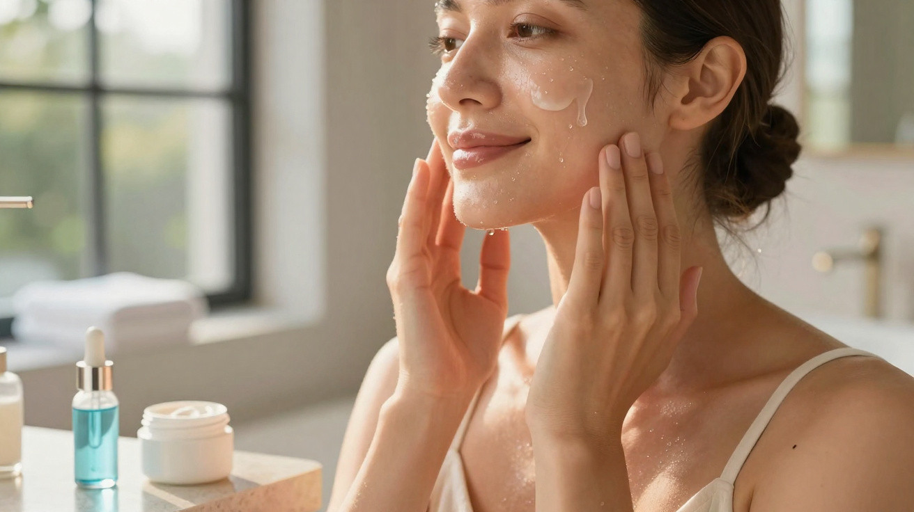 Woman applying transparent gel skincare on her face in a bright bathroom with beauty products nearby.